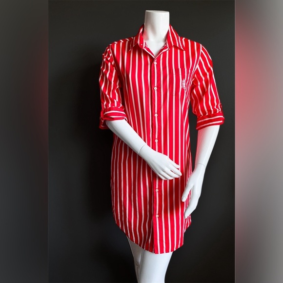 LRL Lauren Ralph Lauren Red Striped Shirt Mini Dress Preppy Travel Equestrian S - Picture 2 of 9